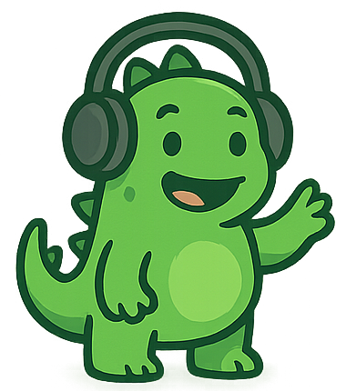 Podzilla mascot wearing headphones
